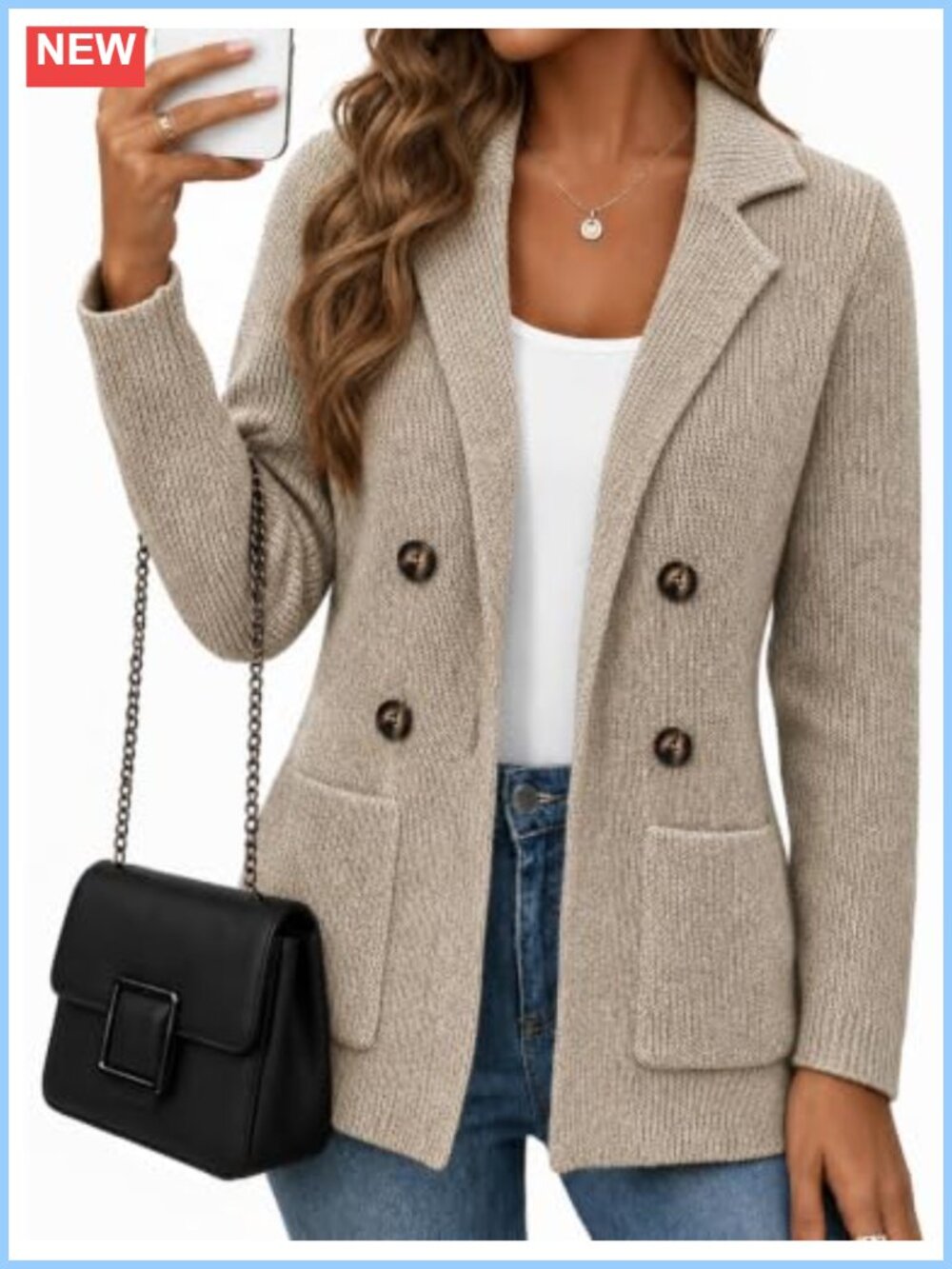 Women's Double Breasted Knit Cardigan Blazer Business Casual Long Sleeve